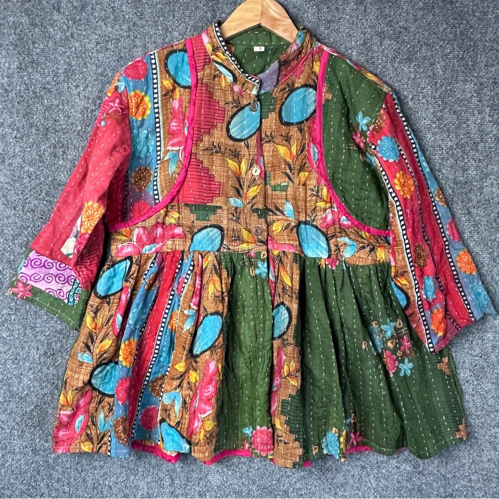 Quilted vintage Kantha patchwork quilt coat XL reversible peplum button boho